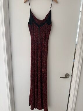 Alice + Olivia Red Sequin Slip Dress with Black Trim for a formal occasion